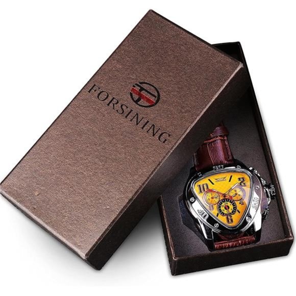 Fashion Mechanical Wrist Watch Triangle Racing Dial, Skeleton Dial, Yellow - Picture 6 of 7